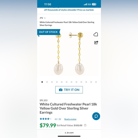 NWT JTV 18k gold plated 925 sterling silver freshwater pearl drop earrings - Picture 2 of 9